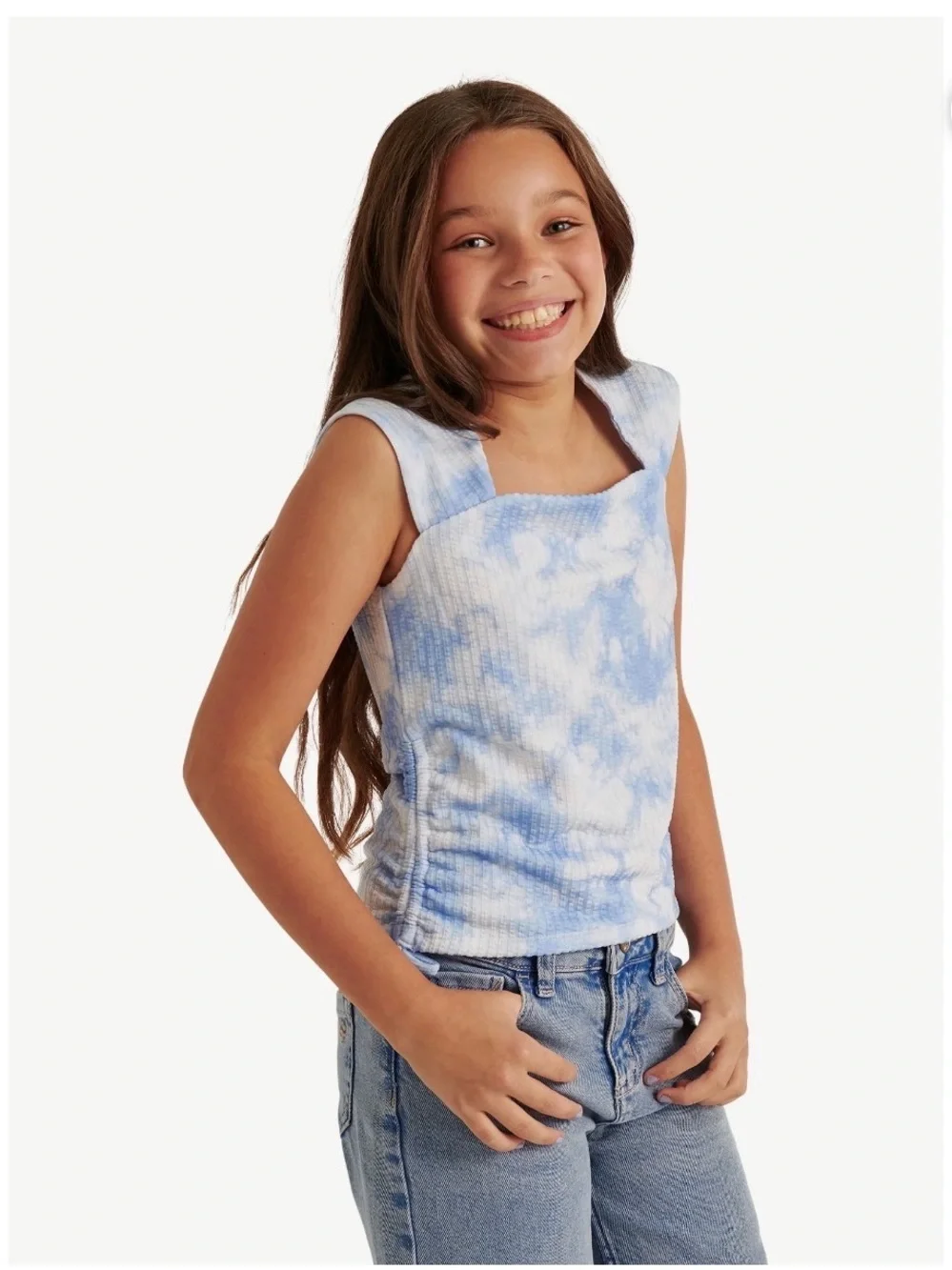 Justice Blue and White Tie-Dye Ribbed Square-Neck Tank